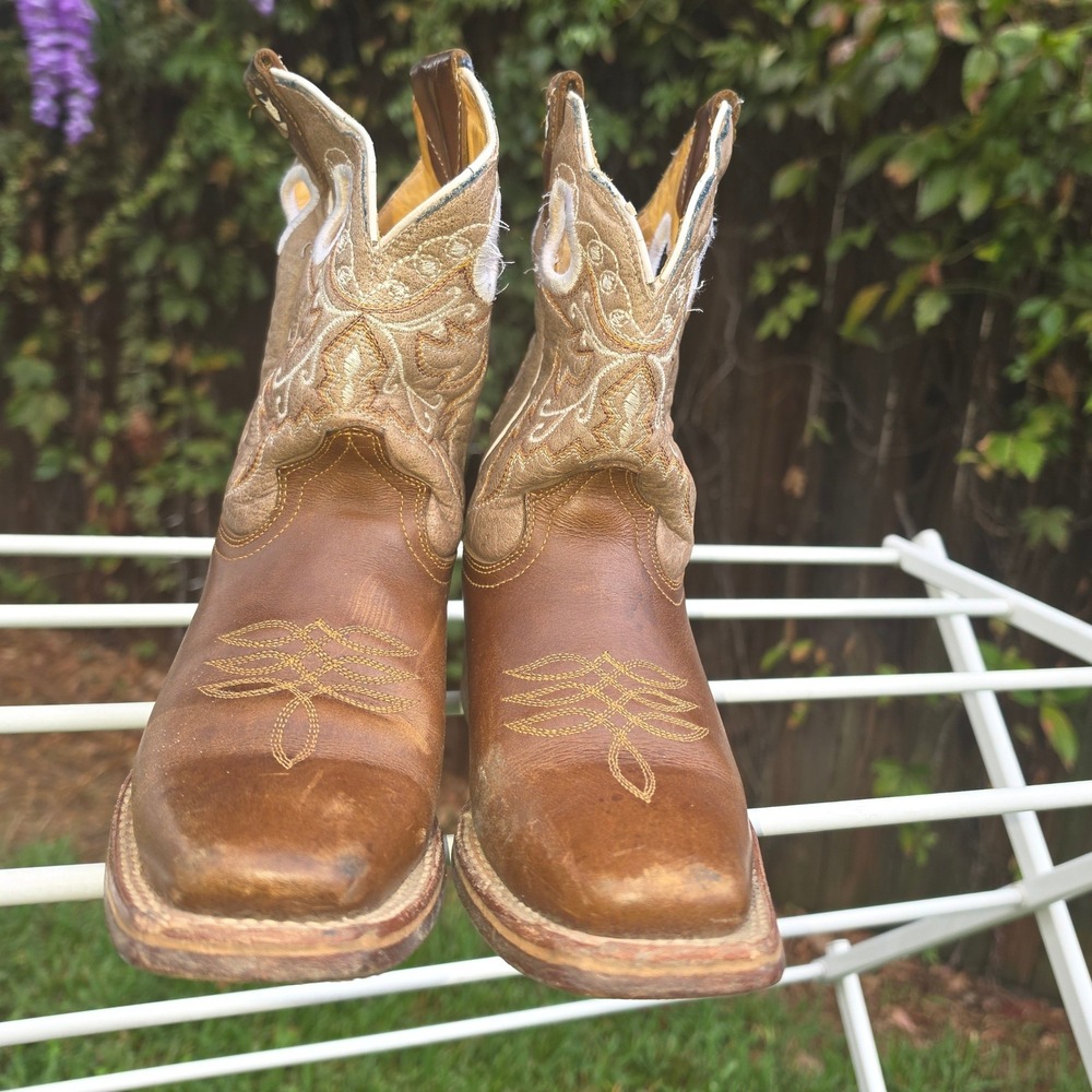 Cowboy Professional Leather Western Boots Square Toe Brown Tan Embroidered